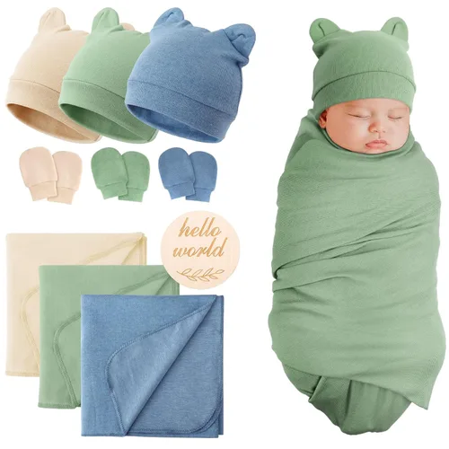 Miniatura 22 de DRESHOW BQUBO Manta para Recién Nacido con Sombrero de Moño y Guantes de Algodón, Manta de Envoltorio para Bebé Cálido, Saco de Dormir para Bebé