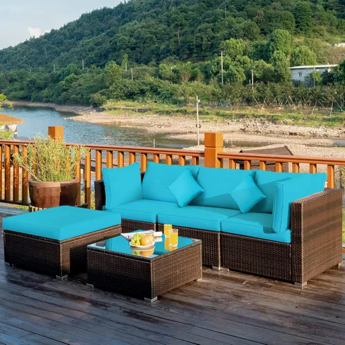 Miniatura 28 de Tangkula Patiojoy - Juego de muebles de ratán de 7 piezas, juego de conversación al aire libre con cojines y mesa de centro de vidrio templado