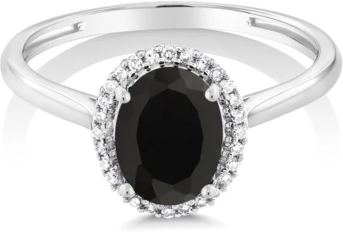 Miniatura 2 de Gem Stone King Anillo de compromiso con halo de oro blanco de 10 quilates y ónix negro y diamante para mujer