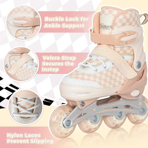 Miniatura 3 de Nattork Patines en línea ajustables para niños y adolescentes, ruedas iluminadoras, patines con diseño de tablero de ajedrez para niños y niñas Caqui