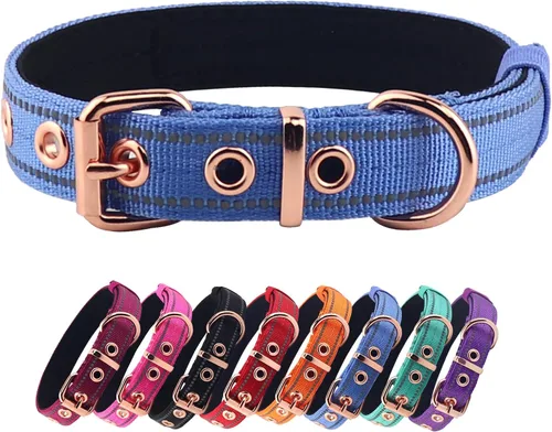Collar acolchado de neopreno para perros, collar de nailon para perros pequeños a grandes, resistente con hebilla de metal, reflectante (Pequeño,