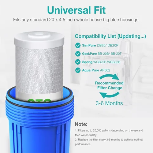 Miniatura 6 de SimPure Cartuchos de filtro de agua para toda la casa, 5 micrones, 20 x 4.5 pulgadas, bloque de carbón activado CTO, para DB20P, FC25B, CTO20BB