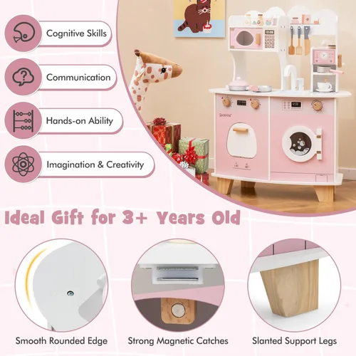 Miniatura 6 de HONEY JOY Juego de cocina, juego de cocina grande de madera para niños pequeños y cafetera, microondas, lavadora, fregadero, utensilios de cocina