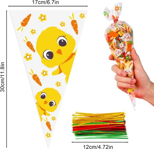 Miniatura 5 de SULOLI 100 bolsas de celofán con cono de Pascua, bolsas de golosinas triangulares de 6.7 x 11.8 pulgadas con 120 lazos giratorios, 3