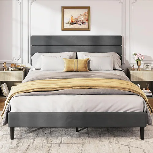 Miniatura 19 de WLIVE Base de cama tapizada, marcos de cama individual con cabecero, cama de plataforma con listones de madera, base de colchón de 600 libras,
