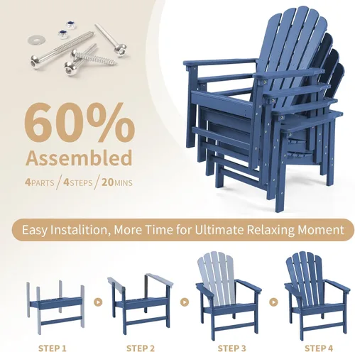 Miniatura 8 de Juego de 4 sillas Adirondack apilables para todo tipo de clima, de polietileno de alta densidad que ahorran espacio, con cubierta para patio al aire