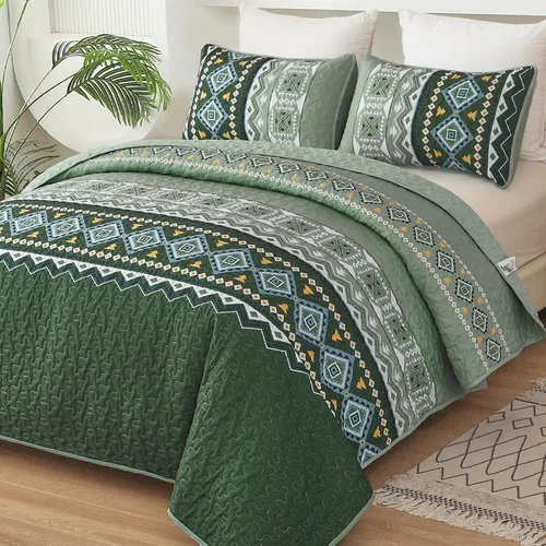 Miniatura 9 de WONGS BEDDING Juego de edredón bohemio de color beige, tamaño Queen, juego de colcha con estampado geométrico con 2 fundas de almohada, juego