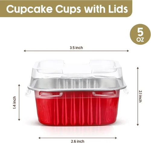 Miniatura 3 de Mimorou 100 piezas de mini tazas cuadradas rojas para hornear con tapas, papel de aluminio de 5 onzas, moldes desechables para magdalenas, postres
