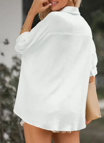 Miniatura 7 de Astylish Camisas de gran tamaño con botones para mujer, manga 34, cuello en V, texturizadas