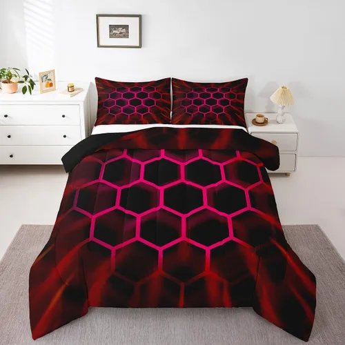 Miniatura 15 de Juego de ropa de cama individual de panal para niños y niños, color negro, verde azulado, azul, hexagonal, geométrico, patrón de colmena, edredón