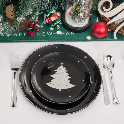 Miniatura 2 de WDF 50 platos de Navidad de plástico, platos negros y plateados con árbol de Navidad, incluyen 25 platos llanos, 25 platos de ensalada, platos
