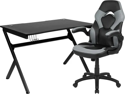 Miniatura 56 de Flash Furniture Juego de escritorio para juegos negro y silla de carreras blanco/negro con soporte para tazas, gancho para auriculares y soporte