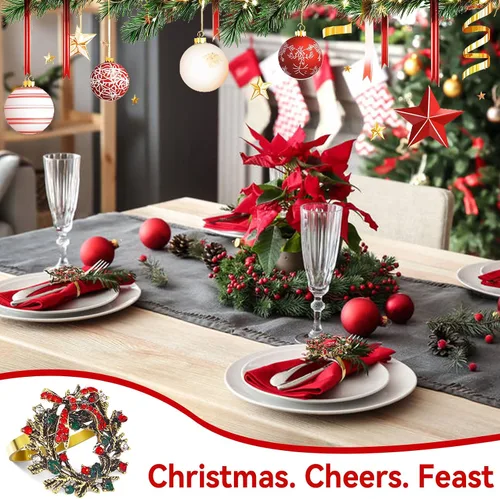 Miniatura 4 de ZeeDix Juego de 6 servilleteros de corona de Navidad, servilleteros de Navidad para servilletas de tela, servilleteros de Navidad para Acción