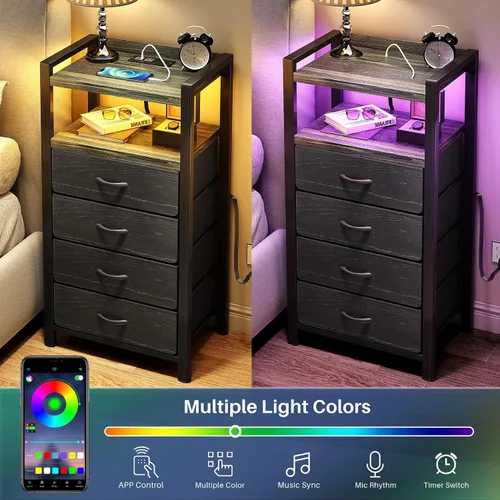 Miniatura 4 de Kitstorack Mesita de noche con estación de carga y luz LED, mesita de noche negra con cajones, mesita de noche alta, 4 cajones de tela