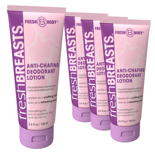 Fresh Breasts Loción desodorante en crema antirozaduras en polvo, 3.4 onzas líquidas (paquete de 4) antifricción para todo el cuerpo para mujeres,