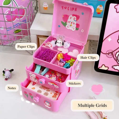 Miniatura 5 de Organizador de escritorio pequeño Kawaii con tapa y 2 cajones, lindo organizador de escritorio Kawaii con calcomanías de bricolaje para adolescentes