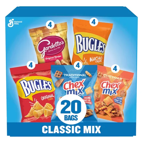 Paquete variado de bocadillos Classic Mix, Bugles Original y queso Nacho, receta original de Gardetto's, Chex Mix Traditional y Cheddar, 20