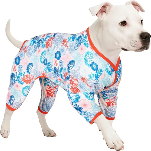 Miniatura 11 de LovinPet Mameluco para perros de razas grandes, pijama para perro, tela elástica ligera, camisa de manga larga para perro, estampado Paw-Some gris