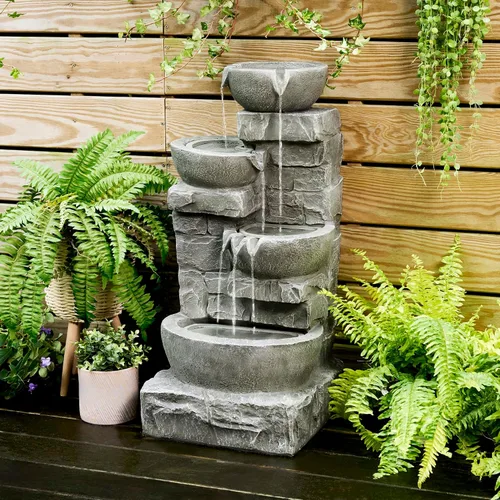 Miniatura 11 de Teamson Home Fuente de Agua LED para Exteriores de 33.25 pulgadas con Tazones en Cascada y Piedras Apiladas para Jardines, Paisajismo, Patios, Gris