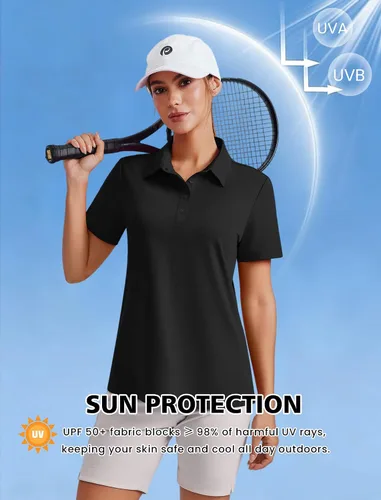 Miniatura 4 de PINSPARK Polo de golf de 4 botones para mujer, UPF 50+, secado rápido, atlético, camiseta de tenis con cuello, ajuste relajado