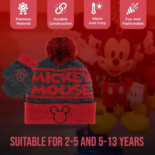 Miniatura 3 de Mickey Mouse - Juego de 2 piezas de sombrero y guantes de nieve para niños y niños, gorro cálido con pompones y bonitos guantes rojos