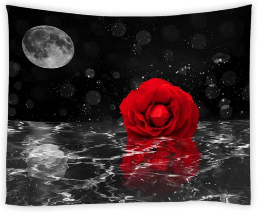 Miniatura 2 de AMFD Tapiz de rosas rojas, flores bajo la luna, cielo estrellado negro, reflejo en flor de agua, floral, romántico, decoración del hogar, arte