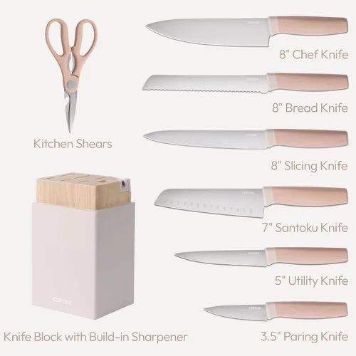 Miniatura 2 de CAROTE Juego de 9 piezas de cuchillos de cocina con bloque y afilador, cuchillos aptos para lavavajillas para cocina, cubiertos forjados con Rosa
