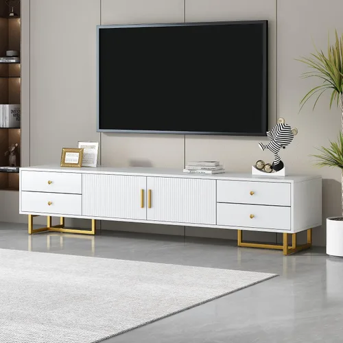 BROVAVE 71" Wave Groove TV Stand, Entertainment Center with Metal Handles, TV Media Console with Cable Storage Hole for Living Room, White Negro