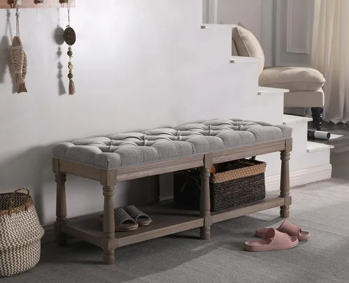 Miniatura 11 de Kmax Banco de almacenamiento para entrada con zapatero acolchado, banco de calzado de madera negra para ventana, banco para entrada de pasillo, Gris