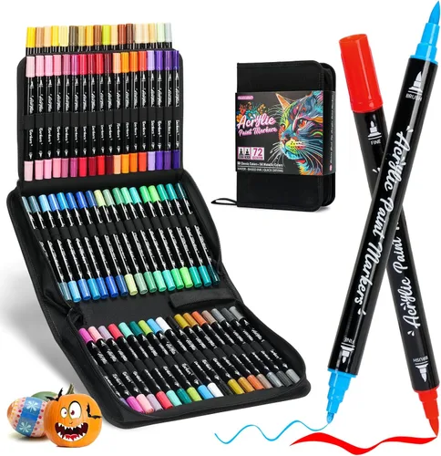 Marcadores de pintura acrílica, 72 colores de doble punta con pincel y puntas finas para pintura de roca, vidrio, madera, cerámica, lienzo, piedra,