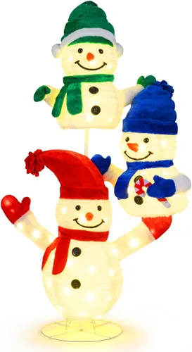 Miniatura 9 de Tangkula Muñeco de nieve de 5 pies iluminado para Navidad, decoración de 3 muñecos de nieve apilados, muñeco de nieve 3D iluminado con estacas