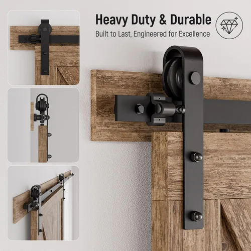 Miniatura 5 de CCJH - Kit de herrajes para puerta corrediza de granero indiv. de 5 pies, rodillo básico negro, gancho de acero al carbono, sistema de riel plano