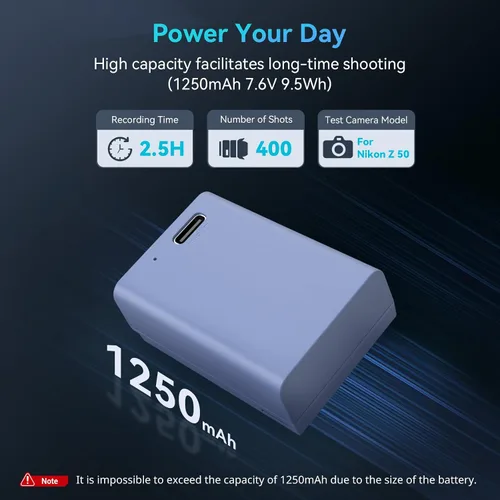 Miniatura 2 de SMALLRIG Batería de repuesto USB-C de 1250 mAh para Nikon EN-EL25, batería recargable de cámara para Nikon Z30 / Z50 / Z fc, carga rápida de 1.75