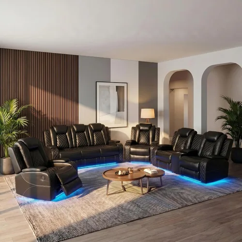 Miniatura 15 de Juego de sofá reclinable eléctrico de cuero de 3 piezas para sala de estar con puertos USB, iluminación ambiental LED y consola de almacenamiento