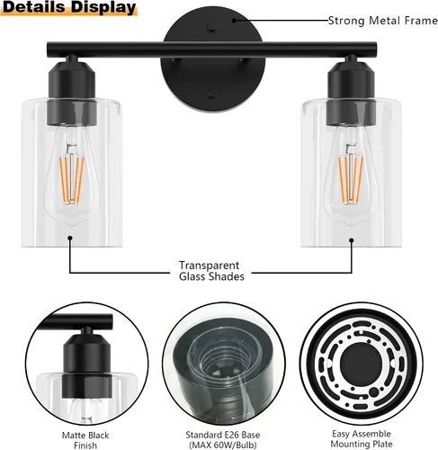 Miniatura 4 de Luz de Tocador de Baño Negra de 2 Luces Luces de Tocador de Baño Rústicas Sobre Espejo, Certificada por UL Apliques de Pared Industriales Modernos