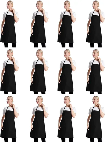 12 Pzas Delantales Babero a Granel Negros para Mujeres Hombres Adultos Niñas Unisex con 2 Bolsillos, Delantal para Hornear Cocinar Cocina Pintar