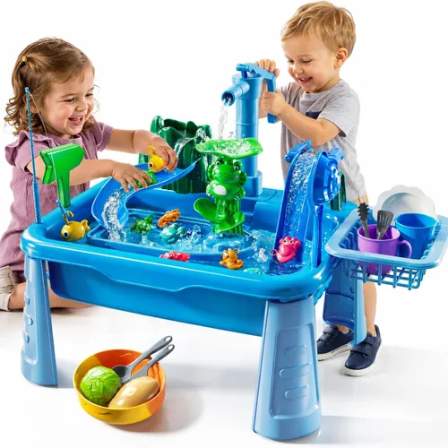 Mesa de Agua para Niños Pequeños 1-3 - Fregadero de Juego para Niños con Bomba y Agua Corriente, Mesa de Agua para Niños de 4-8 Años con Juegos de