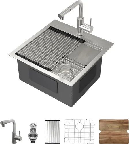 Miniatura 27 de Fregadero de cocina de 25 pulgadas, fregadero de un solo cuenco, color negro mate, calibre 18, 25 x 22 pulgadas, acero inoxidable, montaje superior