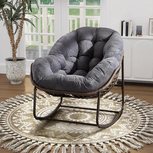 Mecedora de gran tamaño para interiores, cómoda silla mecedora de pana con cojín grueso y marco, silla mecedora grande de mimbre para sala de estar,