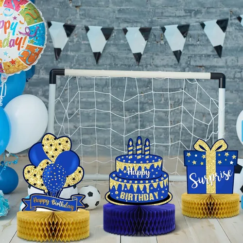 Miniatura 7 de Gersoniel 9 piezas de decoración de mesa de feliz cumpleaños, centros de mesa de panal de abeja con purpurina, decoración de fiesta azul y dorada