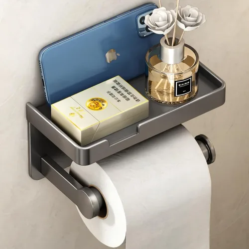 Miniatura 6 de VOLDRA Soporte de papel higiénico con estante dispensador de toallitas grises para baño, soporte de papel higiénico con diseño de cajón