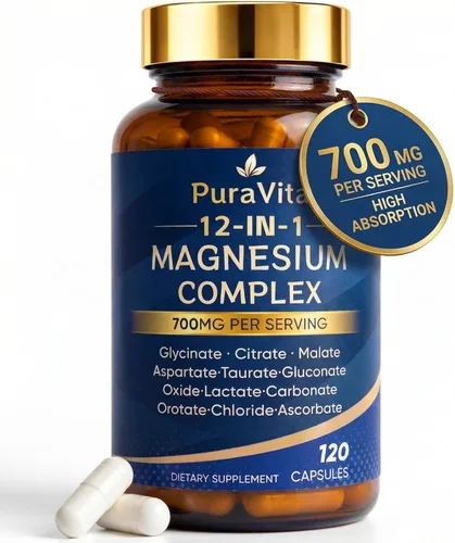 Puravita Magnesio 12 en 1, complejo de magnesio para mujeres y hombres, 700 mg de alta absorción, glicinato, citrato, malato, óxido, taurat,