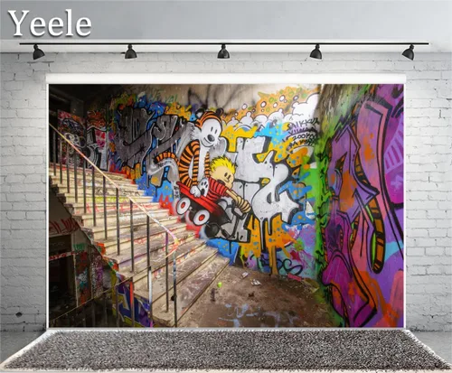 Yeele Fondo de pared de graffiti urbano urbano de 10 x 8 pies para fotos, dibujos animados retro de los años 80 y 90, estilo hiphop, fotografía de