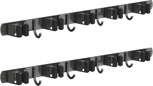 Miniatura 9 de CUXIXA Organizador de escoba y trapeador para colgar en la pared, soporte de pared mejorado para trapeador y escoba, soporte de pared de acero Plata
