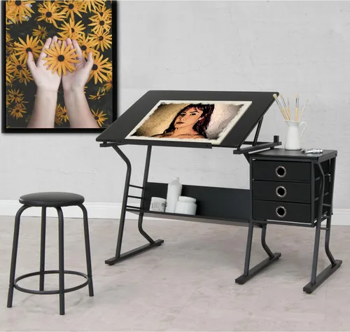 Miniatura 2 de Eclipse Ultra - Mesa de dibujo con taburete, parte superior ajustable en ángulo, estantes de almacenamiento y cajones de 2 piezas