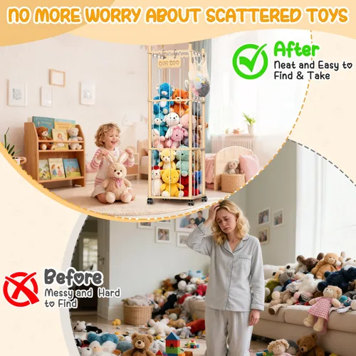 Miniatura 7 de Organizador de almacenamiento de animales de peluche, soporte de zoológico de juguetes de madera con ruedas, torre de almacenamiento de gran