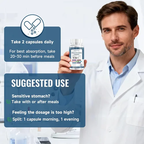 Miniatura 8 de Zinc L Carnosine Complex 85 mg, suplemento de apoyo para la salud digestiva e intestinal 11 en 1, con mezcla calmante de extracto de hierbas