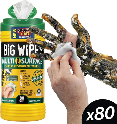 Miniatura 2 de BIG WIPES Recipiente multisuperficie resistente, paños de limpieza súper absorbentes para manos, superficies y herramientas, recipiente de 80