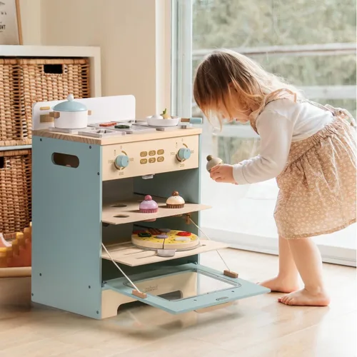Miniatura 7 de ROBOTIME Juego de cocina de juguete de madera con horno, accesorios de cocina de simulación Montessori con juguetes de comida de pizza y cupcakes