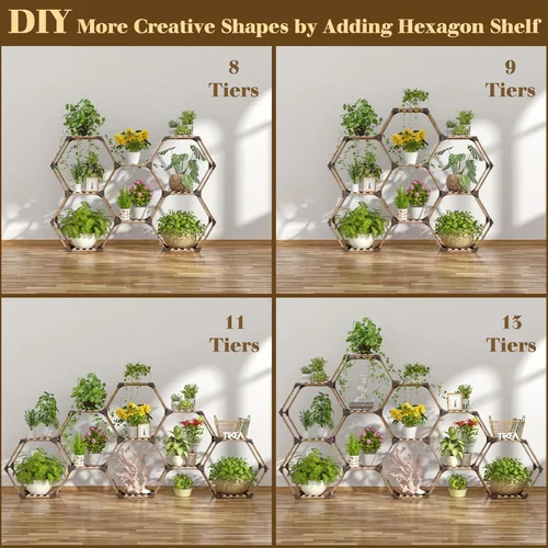 Miniatura 6 de Tikea Soporte para plantas para interiores y exteriores, soporte hexagonal para múltiples plantas, estante grande de madera para plantas, 7 niveles